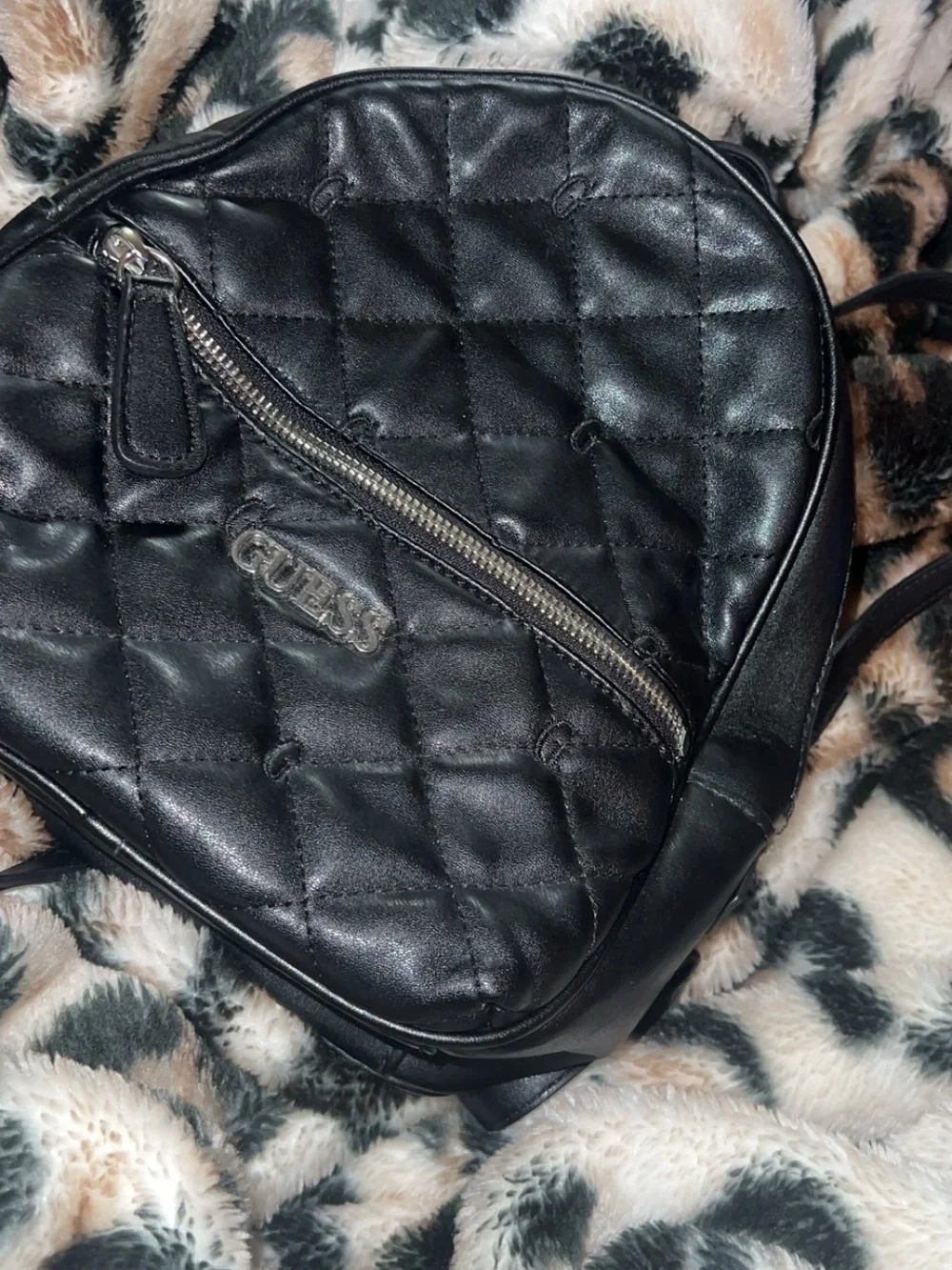 GUESS Quilted Mini Backpack in Black with Silver Hardware